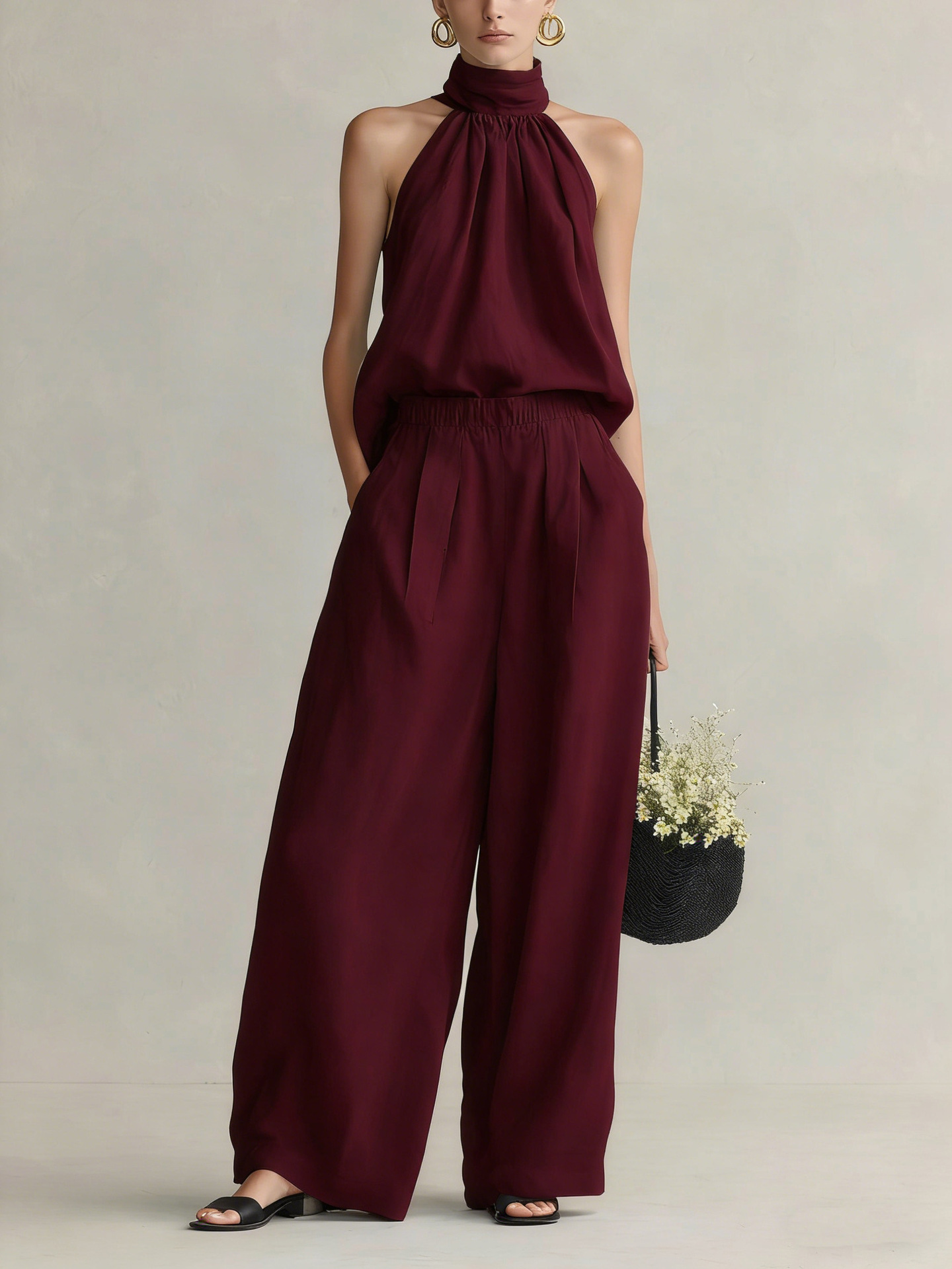 Linen Pant Wide - طقم نسائي صيفي جديد 2026: بلوزة