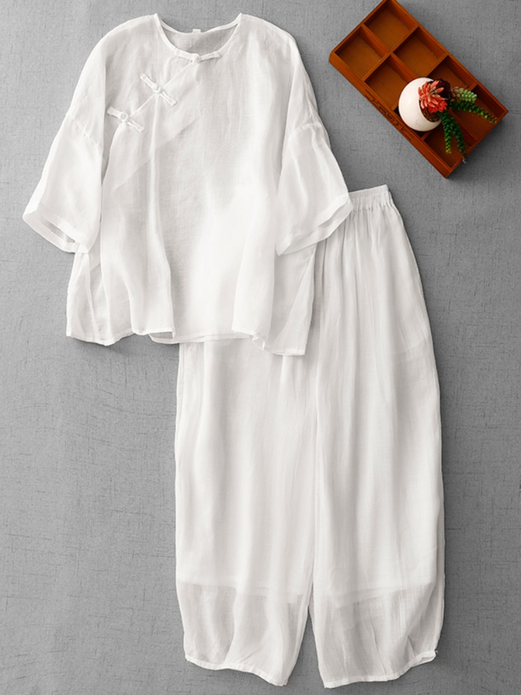 Linen Pant Wide - بدلة نسائية صينية جديدة بأسلوب الزن