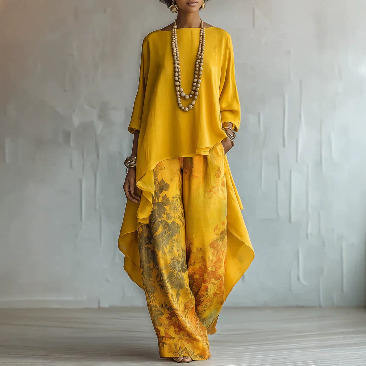 Linen Pant Wide - طقم نسائي من قطعتين من الكتان،