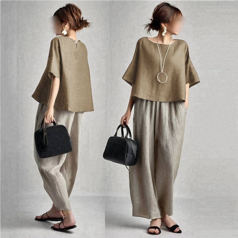 Linen Pant Wide - طقم نسائي من قطعتين، بلون موحد،