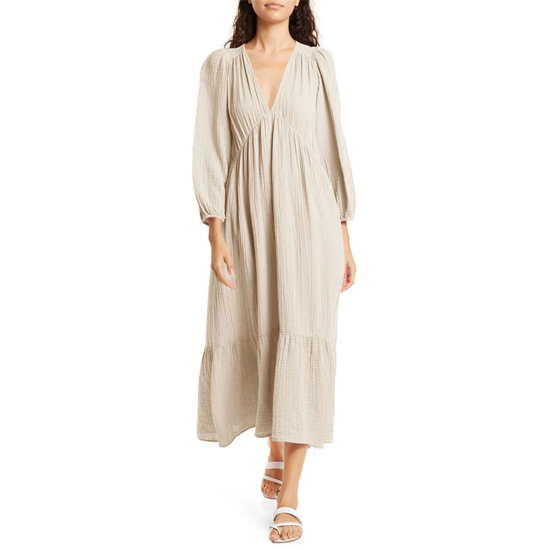 فساتين قطنية طويلة الأكمام موس - مراجعة Linen Dress Wrap وسعره