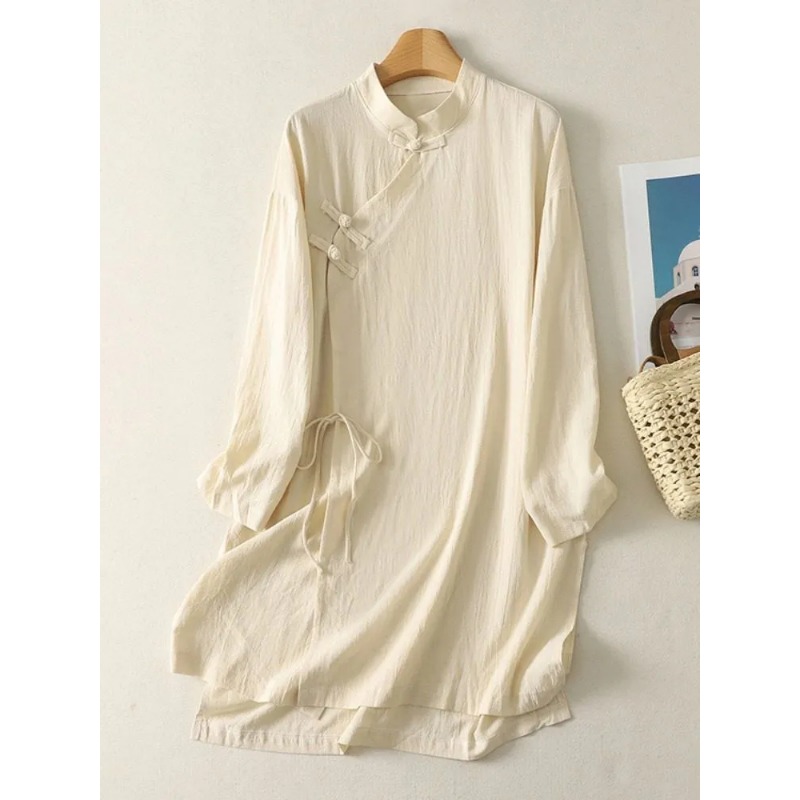 فستان نسائي بتصميم صيني بأزرار - مراجعة Linen Dress Wrap وسعره