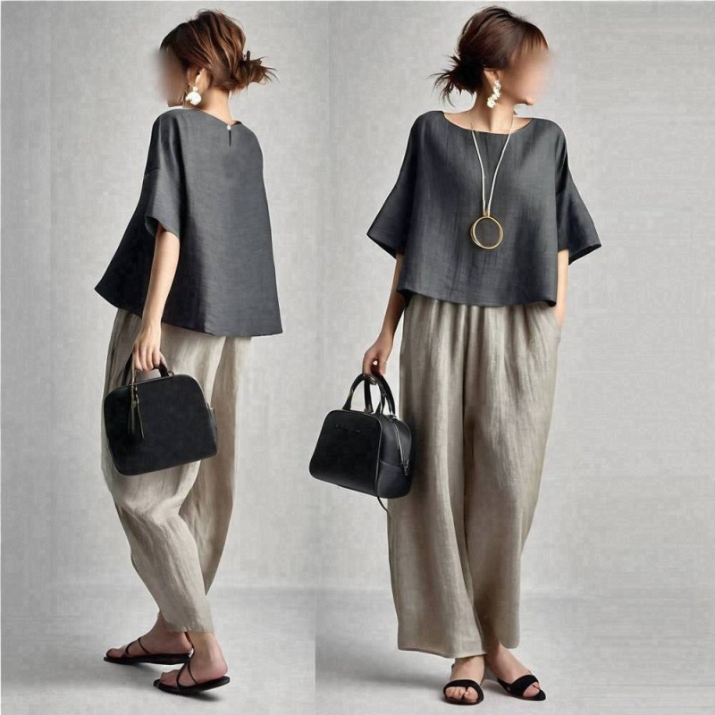 طقم نسائي من قطعتين، بلون موحد - مراجعة Linen Pant Wide وسعره